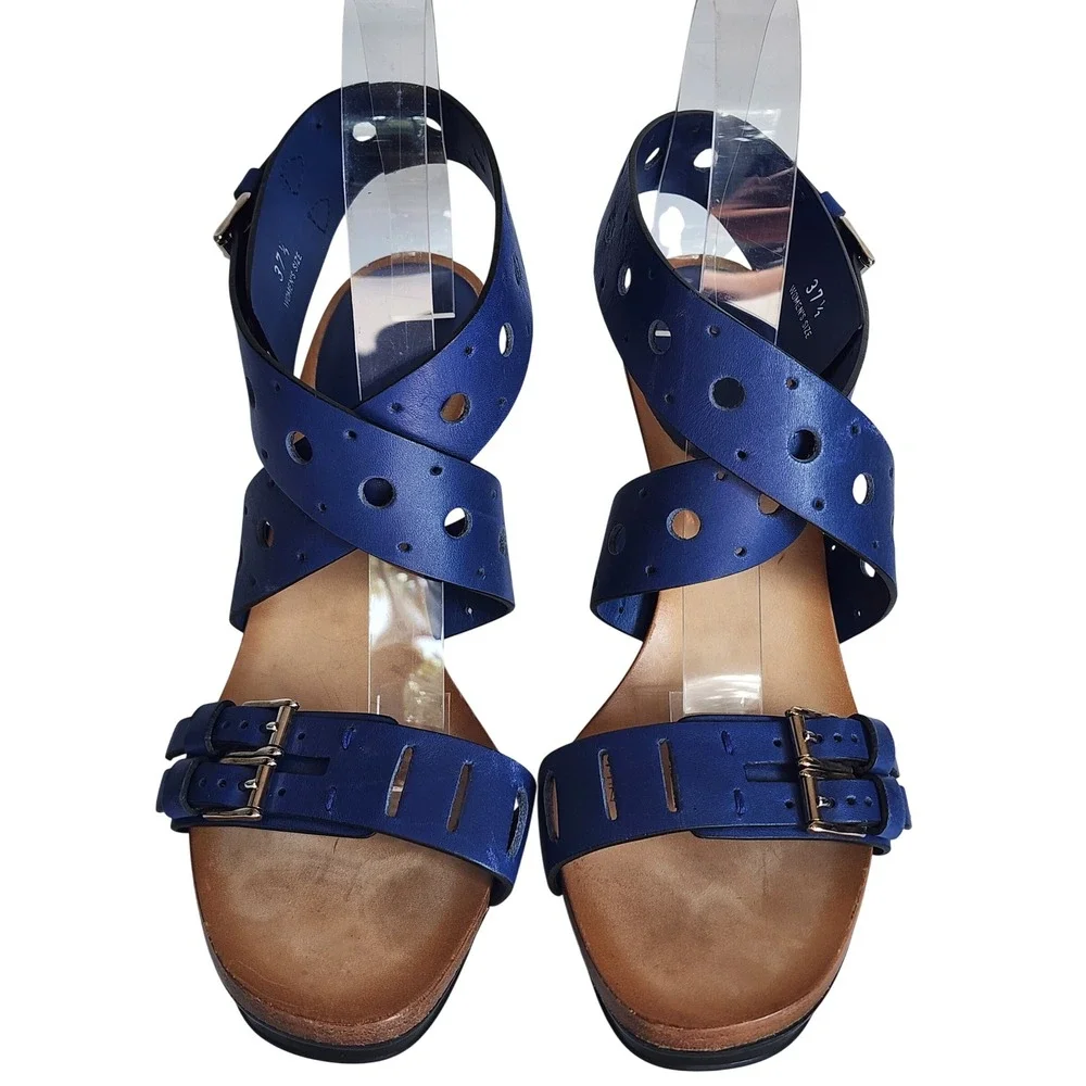 Tod's Blue Leather Perforated Buckle Platform Sandals Heels 37.5 Made in Italy